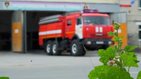 Russian red fire engine near the fire department, always ready to quickly go  Stock Footage 119497111