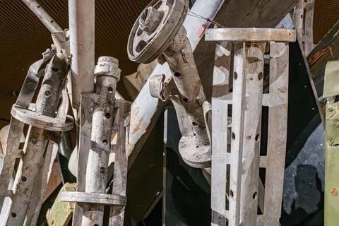 Russian rocket part, metal structure with cylindrical components and rounded  Stock Photos