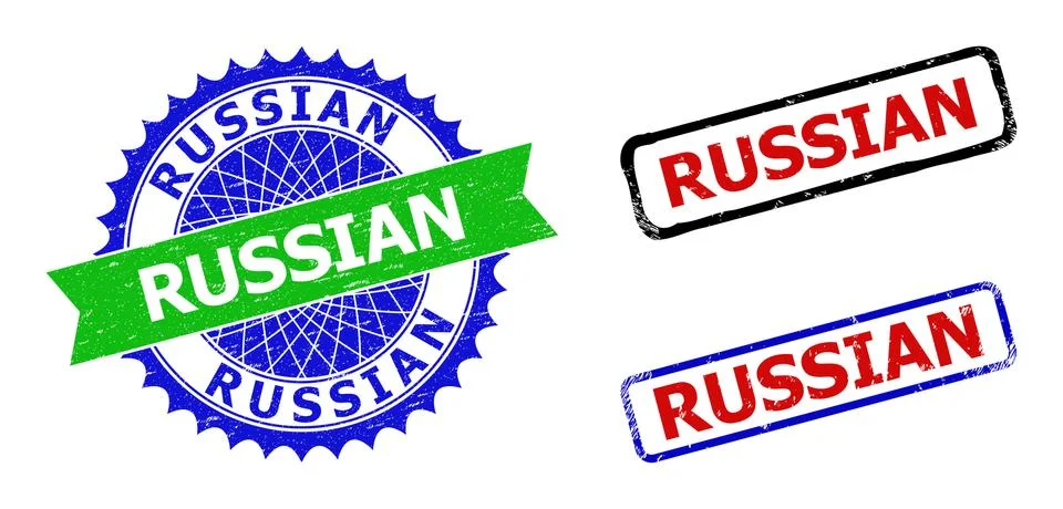 RUSSIAN Rosette and Rectangle Bicolor Seals with Corroded Textures Stock Illustration