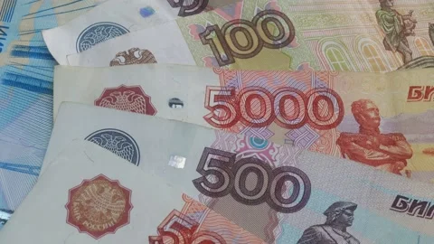 Russian ruble close-up banknotes, paper money of Russia currency Stock Footage 173529389