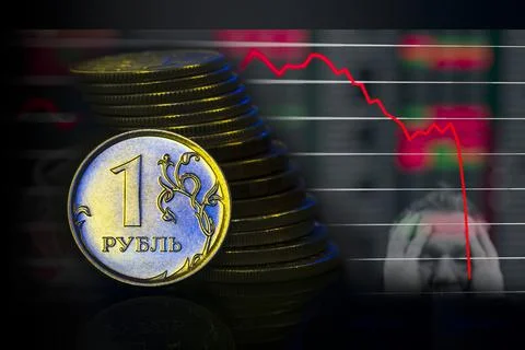 Russian Ruble Coins with falling Stack. Ukrainian flag colors illuminating. U Stock Photos