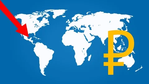 Russian Ruble Currency Falling Chart with World Map Stock Footage 102245694