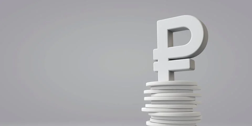 Russian ruble currency symbol with a stack of coins. 3D Rendering Stock Illustration