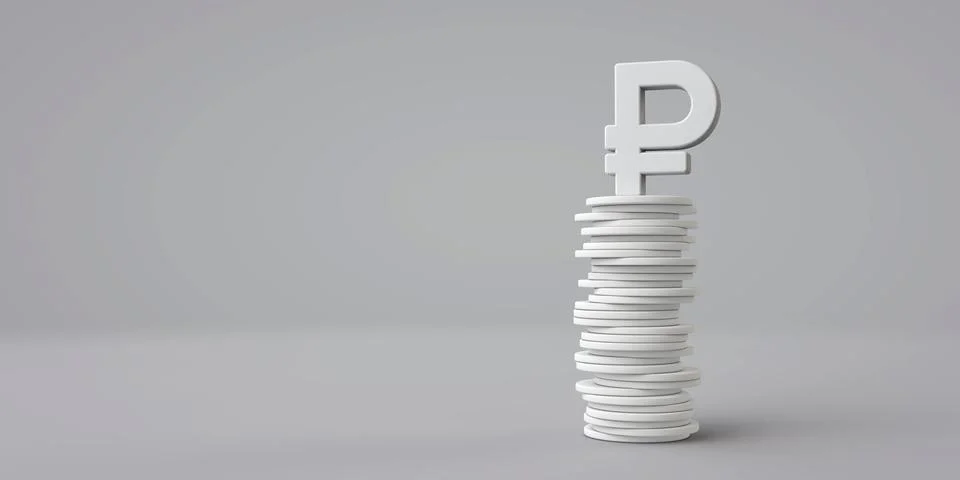 Russian ruble currency symbol with a stack of coins. 3D Rendering Stock Illustration