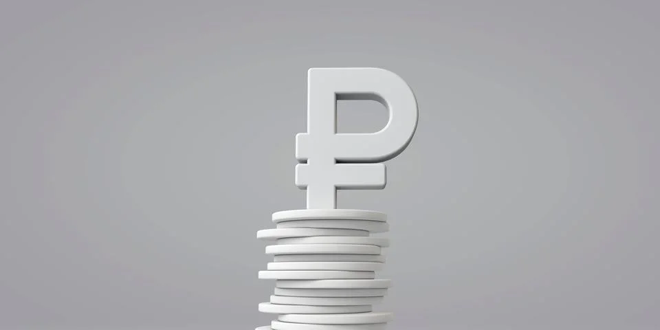 Russian ruble currency symbol with a stack of coins. 3D Rendering Stock Illustration