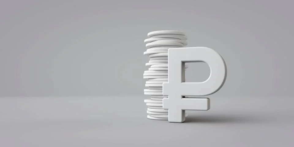 Russian ruble currency symbol with a stack of coins. 3D Rendering Stock Illustration