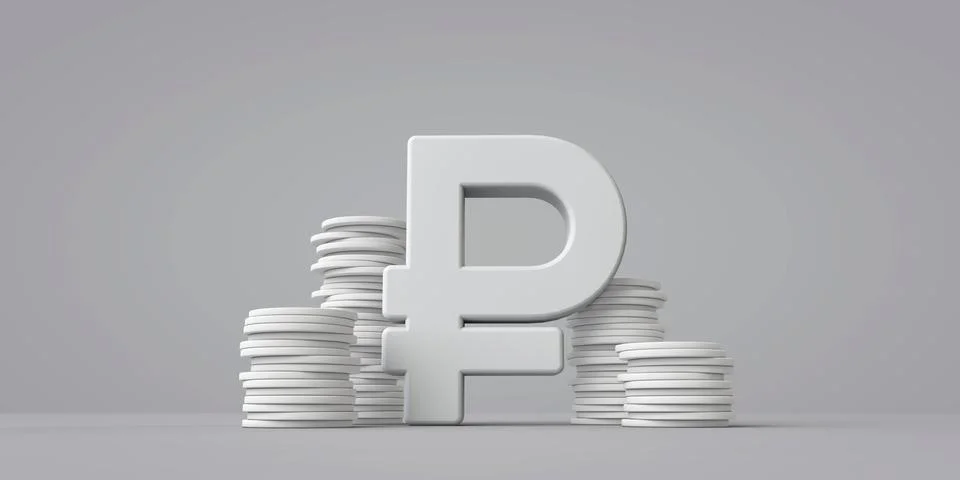 Russian ruble currency symbol with a stack of coins. 3D Rendering Stock Illustration