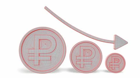 Russian ruble. The increasing icon is down. 3d-rendering 库存插图