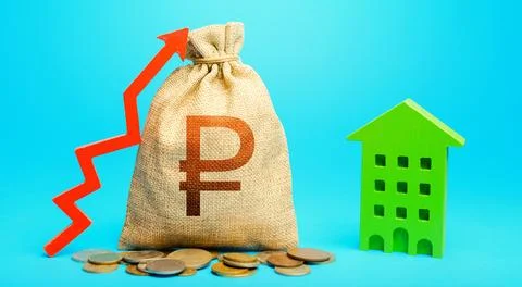 Russian ruble money bag with red up arrow and residential building. Increas.. Stock Photos
