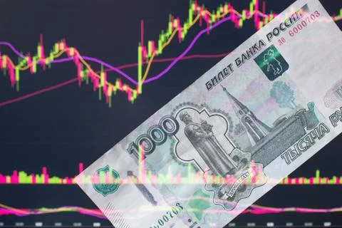 Russian rubles against the background of the exchange's trading schedule. Tra Stock Photos