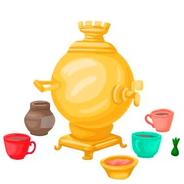 Russian samovar with cups of tea. Vector illustration Stock Illustration