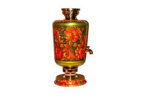 Russian samovar painted with patterns on a white background. Stock Photos