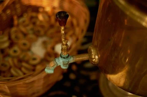 Russian samovar with steering wheels.Traditional tea party Stock Photos