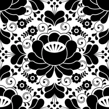 Russian seamless folk pattern, traditional black and white design with flowers 스톡 일러스트