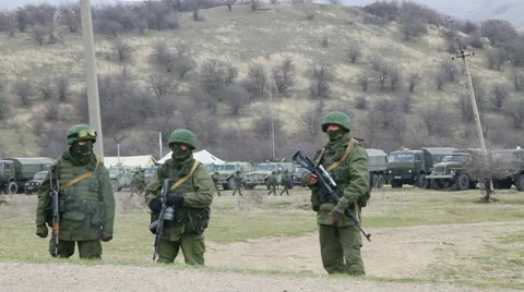 Russian soldier guarding a naval base on March  4, 2014 in Perevalne Stock Footage 35943781