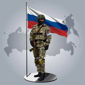 Russian soldier with russian flag behind Stock Illustration