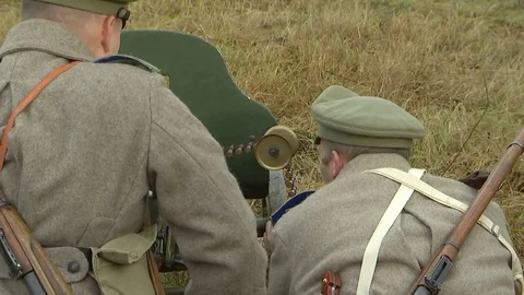 Russian soldiers prepare to fire a machine gun Maxim Stock Footage 82207290