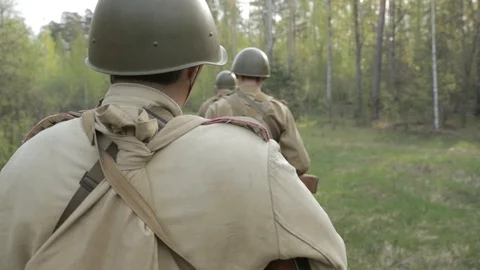 Russian Soviet Infantry Red Army Soldiers Of World War II Marching Walking Along Stock Footage 95353171
