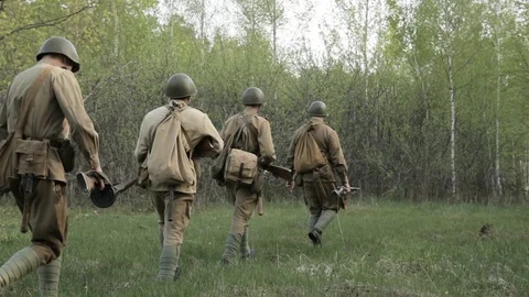 Russian Soviet Infantry Red Army Soldiers Of World War II Marching Walking Along Stock Footage 95355031
