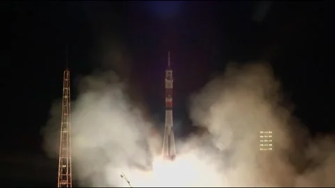 Russian Soyuz MS-06 spacecraft launching from Baikonur Cosmodrome, Kazakhstan Stock Footage 273697625