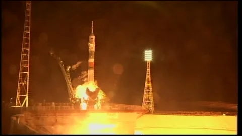 Russian Soyuz MS-06 spacecraft launching from Baikonur Cosmodrome, Kazakhstan Stock Footage 273697682