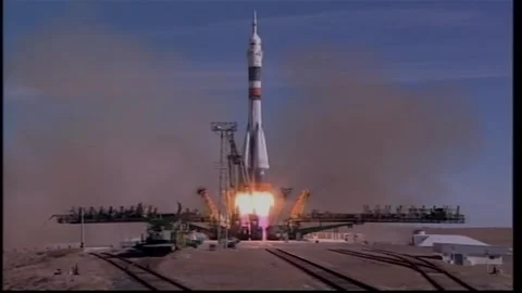 Russian Soyuz MS-10 spacecraft launch from the Baikonur Cosmodrome, Kazakhstan Stock Footage 273697683