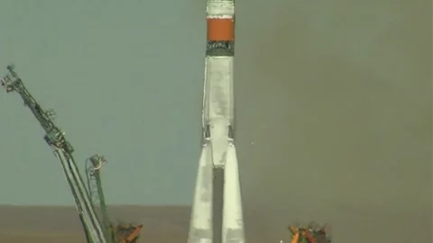 Russian Soyuz MS-10 spacecraft launch from the Baikonur Cosmodrome, Kazakhstan Stock Footage 273698062