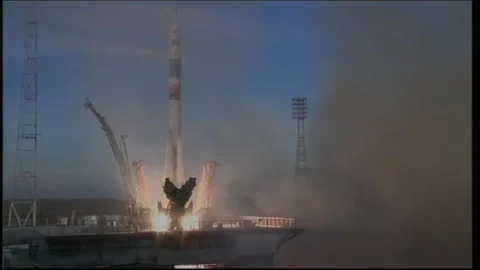 Russian Soyuz MS-11 spacecraft launch from Baikonur Cosmodrome in Kazakhstan Stock Footage 273697444