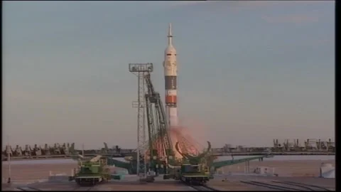Russian Soyuz MS-11 spacecraft launch from Baikonur Cosmodrome in Kazakhstan Stock Footage 273697472