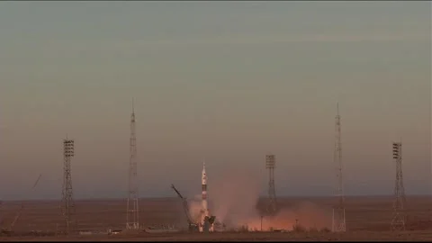 Russian Soyuz MS-11 spacecraft launch from Baikonur Cosmodrome in Kazakhstan Stock Footage 273697482