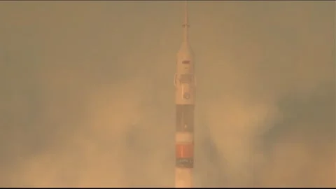 Russian Soyuz MS-11 spacecraft launch from Baikonur Cosmodrome in Kazakhstan Stock Footage 273697502