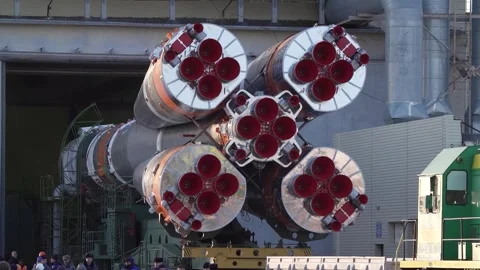 Russian spacecraft Soyuz 2.1a rolling out from integration building, Kazakhstan Video stock 273698110