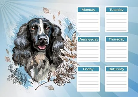 Russian spaniel printable planner and school schedule vector Stock Illustration