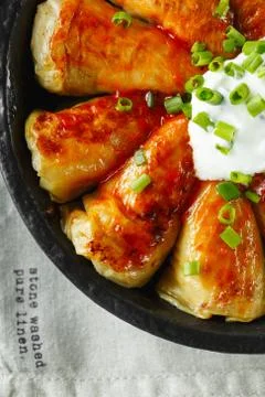 Russian stuffed cabbage rolls served with tomatoes, green onions and sour cre Stock Photos