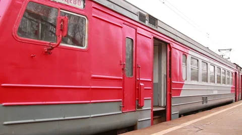 Russian suburb train closes doors and leaving the station. Stock Footage 49614467