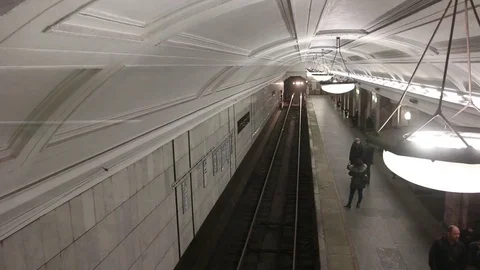 Russian subway train pulls up in subway station Moscow Stock Footage 78515879