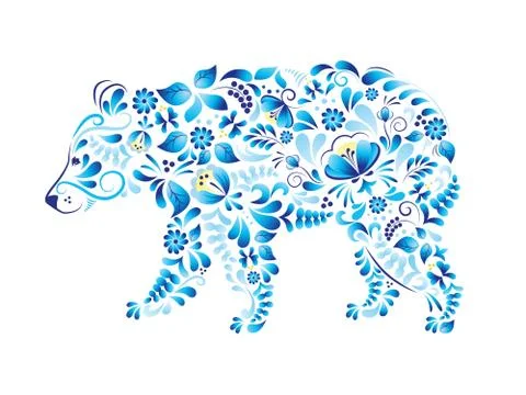 Russian symbol bear made in style gzhel. Vector illustration on white background Stock Illustration