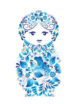 Russian symbol nesting doll made in style gzhel. Vector illustration on white Stock Illustration