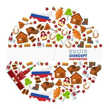 Russian symbols in round frame composition, vector illustration. Isolated flat Stock Illustration
