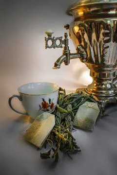 Russian Teapot with Cup and Tea Bags Stock Photos