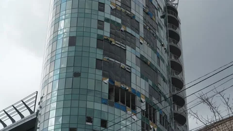 Russian terrorist army damages skyscraper by a missile in Kyiv city, Ukraine Stock Footage 200883056