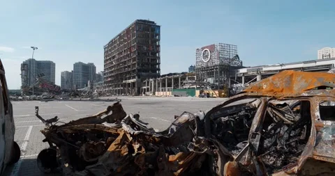 Russian terrorists destroyed shopping and entertainment center in Kyiv, Ukraine Stock Footage 201219277