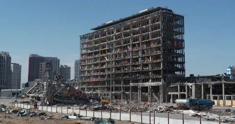 Russian terrorists destroyed shopping and entertainment center in Kyiv, Ukraine Stock Footage 201219397