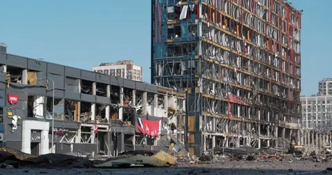 Russian terrorists destroyed shopping and entertainment center in Kyiv, Ukraine Stock Footage 201219410
