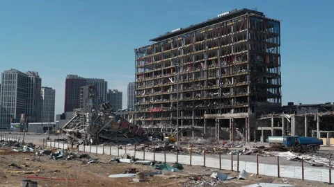 Russian terrorists destroyed shopping and entertainment center in Kyiv, Ukraine Stock Footage 201219413