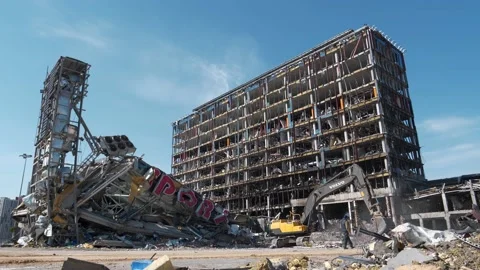 Russian terrorists destroyed shopping and entertainment center in Kyiv, Ukraine Stock Footage 201219423