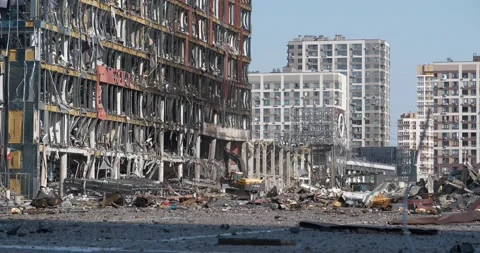Russian terrorists destroyed shopping and entertainment center in Kyiv, Ukraine Stock Footage 201219426