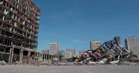 Russian terrorists destroyed shopping center and killed people in Kyiv, Ukraine Stock Footage 201596131
