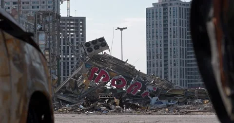 Russian terrorists destroyed shopping center and killed people in Kyiv, Ukraine Stock Footage 201596146