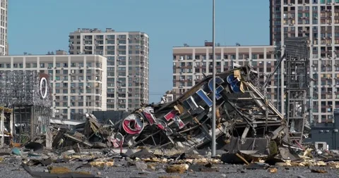 Russian terrorists destroyed shopping center and killed people in Kyiv, Ukraine Stock Footage 201596406